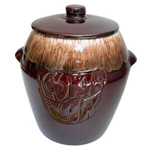 VTG McCoy Brown Drip COOKIE JAR Canister & Lid 9.25" Bean Pot Handles 60's Style